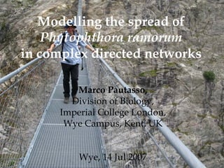Modelling the spread of
    Phytophthora ramorum
in complex directed networks

         Marco Pautasso,
        Division of Biology,
      Imperial College London,
       Wye Campus, Kent, UK


          Wye, 14 Jul 2007
 