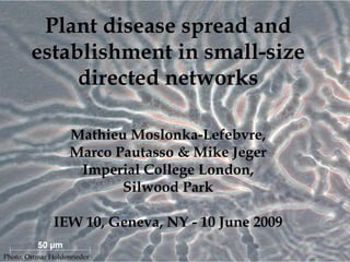 Plant disease spread and
        establishment in small-size
             directed networks

                    Mathieu Moslonka-Lefebvre,
                    Marco Pautasso & Mike Jeger
                     Imperial College London,
                           Silwood Park

               IEW 10, Geneva, NY - 10 June 2009

Photo: Ottmar Holdenrieder
 