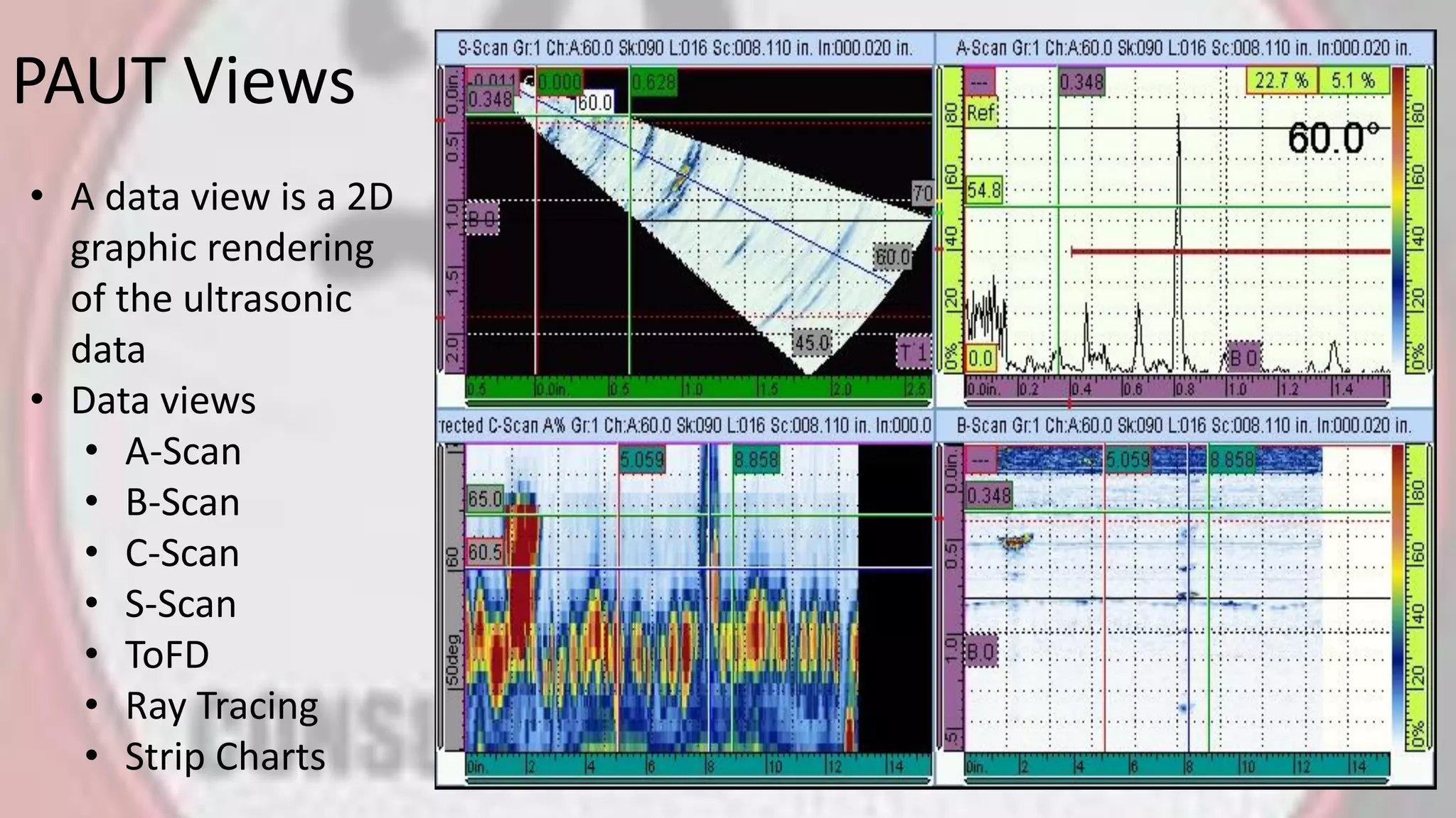 PAUT Views
• A data view is a 2D
graphic rendering
of the ultrasonic
data
• Data views
• A-Scan
• B-Scan
• C-Scan
• S-Scan
• ToFD
• Ray Tracing
• Strip Charts
 