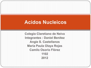 Acidos Nucleicos

Colegio Claretiano de Neiva
Integrantes : Daniel Benítez
    Angie S. Castellanos
  María Paula Olaya Rojas
    Camilo Osorio Flórez
            1102
           2012
 