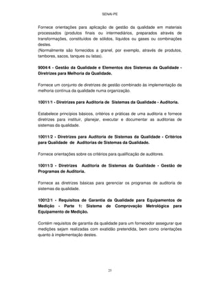 SENAI-PE
25
Fornece orientações para aplicação de gestão da qualidade em materiais
processados (produtos finais ou intermediários, preparados através de
transformações, constituídos de sólidos, líquidos ou gases ou combinações
destes.
(Normalmente são fornecidos a granel, por exemplo, através de produtos,
tambores, sacos, tanques ou latas).
9004/4 - Gestão da Qualidade e Elementos dos Sistemas da Qualidade -
Diretrizes para Melhoria da Qualidade.
Fornece um conjunto de diretrizes de gestão combinado às implementação da
melhoria contínua da qualidade numa organização.
10011/1 - Diretrizes para Auditoria de Sistemas da Qualidade - Auditoria.
Estabelece princípios básicos, critérios e práticas de uma auditoria e fornece
diretrizes para instituir, planejar, executar e documentar as auditorias de
sistemas da qualidade.
10011/2 - Diretrizes para Auditoria de Sistemas da Qualidade - Critérios
para Qualidade de Auditorias de Sistemas da Qualidade.
Fornece orientações sobre os critérios para qualificação de auditores.
10011/3 - Diretrizes Auditoria de Sistemas da Qualidade - Gestão de
Programas de Auditoria.
Fornece as diretrizes básicas para gerenciar os programas de auditoria de
sistemas da qualidade.
10012/1 - Requisitos de Garantia da Qualidade para Equipamentos de
Medição - Parte 1: Sistema de Comprovação Metrológica para
Equipamento de Medição.
Contém requisitos de garantia da qualidade para um fornecedor assegurar que
medições sejam realizadas com exatidão pretendida, bem como orientações
quanto à implementação destes.
 