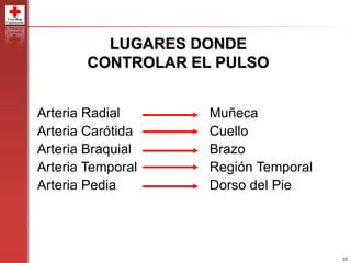 37
LUGARES DONDE
CONTROLAR EL PULSO
Arteria Radial Muñeca
Arteria Carótida Cuello
Arteria Braquial Brazo
Arteria Temporal Región Temporal
Arteria Pedia Dorso del Pie
 