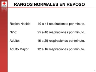 41
Recién Nacido: 40 a 44 respiraciones por minuto.
Niño: 25 a 40 respiraciones por minuto.
Adulto: 16 a 20 respiraciones por minuto.
Adulto Mayor: 12 a 16 respiraciones por minuto.
RANGOS NORMALES EN REPOSO
 