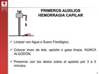 54
PRIMEROS AUXILIOS
HEMORRAGIA CAPILAR
 Limpiar con Agua o Suero Fisiológico.
 Colocar trozo de tela, apósito o gasa limpia. NUNCA
ALGODÓN.
 Presionar con los dedos sobre el apósito por 3 a 5
minutos.
 