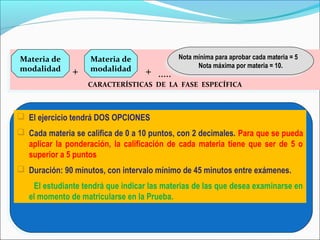 CARACTERÍSTICAS DE LA FASE ESPECÍFICACARACTERÍSTICAS DE LA FASE ESPECÍFICA
Materia de
modalidad +
Materia de
modalidad + …..
Nota mínima para aprobar cada materia = 5
Nota máxima por materia = 10.
Nota mínima para aprobar cada materia = 5
Nota máxima por materia = 10.
 El ejercicio tendrá DOS OPCIONES
 Cada materia se califica de 0 a 10 puntos, con 2 decimales. Para que se pueda
aplicar la ponderación, la calificación de cada materia tiene que ser de 5 o
superior a 5 puntos
 Duración: 90 minutos, con intervalo mínimo de 45 minutos entre exámenes.
El estudiante tendrá que indicar las materias de las que desea examinarse en
el momento de matricularse en la Prueba.
 