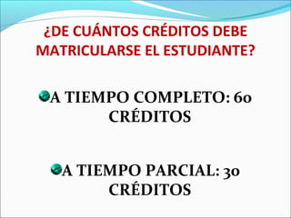 ¿DE CUÁNTOS CRÉDITOS DEBE
MATRICULARSE EL ESTUDIANTE?
A TIEMPO COMPLETO: 60
CRÉDITOS
A TIEMPO PARCIAL: 30
CRÉDITOS
 