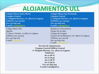 ALOJAMIENTOS ULL
Colegio Mayor Santa María
Campus Central
C/ Delgado Barreto, s/n. 38200 La Laguna
Teléfono: 922 319 607
Fax: 922 845 009
E-mail: svaloj@ull.es
Colegio Mayor San Fernando
Campus Central
C/ Delgado Barreto, s/n. 38200 La Laguna
Teléfono: 922 319 943
Fax: 922 845 009
E-mail: svaloj@ull.es
Colegio Mayor San
Agustín
C/ Nava y Grimón, 27 38201 La Laguna
Teléfono: 922 319 979
Fax: 922 845 009
E-mail: svaloj@ull.es
Residencia Universitaria
Parque de las Islas
Campus de Guajara
Camino de las Mantecas, s/n. 38200 La Laguna
Teléfono: 922 319 618
Fax: 922 845 009
E-mail: svaloj@ull.es
Servicio de Alojamiento
Campus Central Edificio Central
C/ Delgado Barreto, s/n. 38200 La Laguna
Teléfonos:
922 31 96 07
922 31 99 43
922 31 96 18
922 31 99 79
Fax: 922 845 009
E-mail: svaloj@ull.es
 