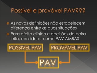  As novas definições não estabelecem
diferença entre as duas situações
 Para efeito clínico e decisões de beira-
leito, considerar como PAV AMBAS
 