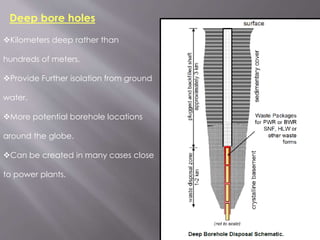 Kilometers deep rather than
hundreds of meters.
Provide Further isolation from ground
water.
More potential borehole locations
around the globe.
Can be created in many cases close
to power plants.
Deep bore holes
 
