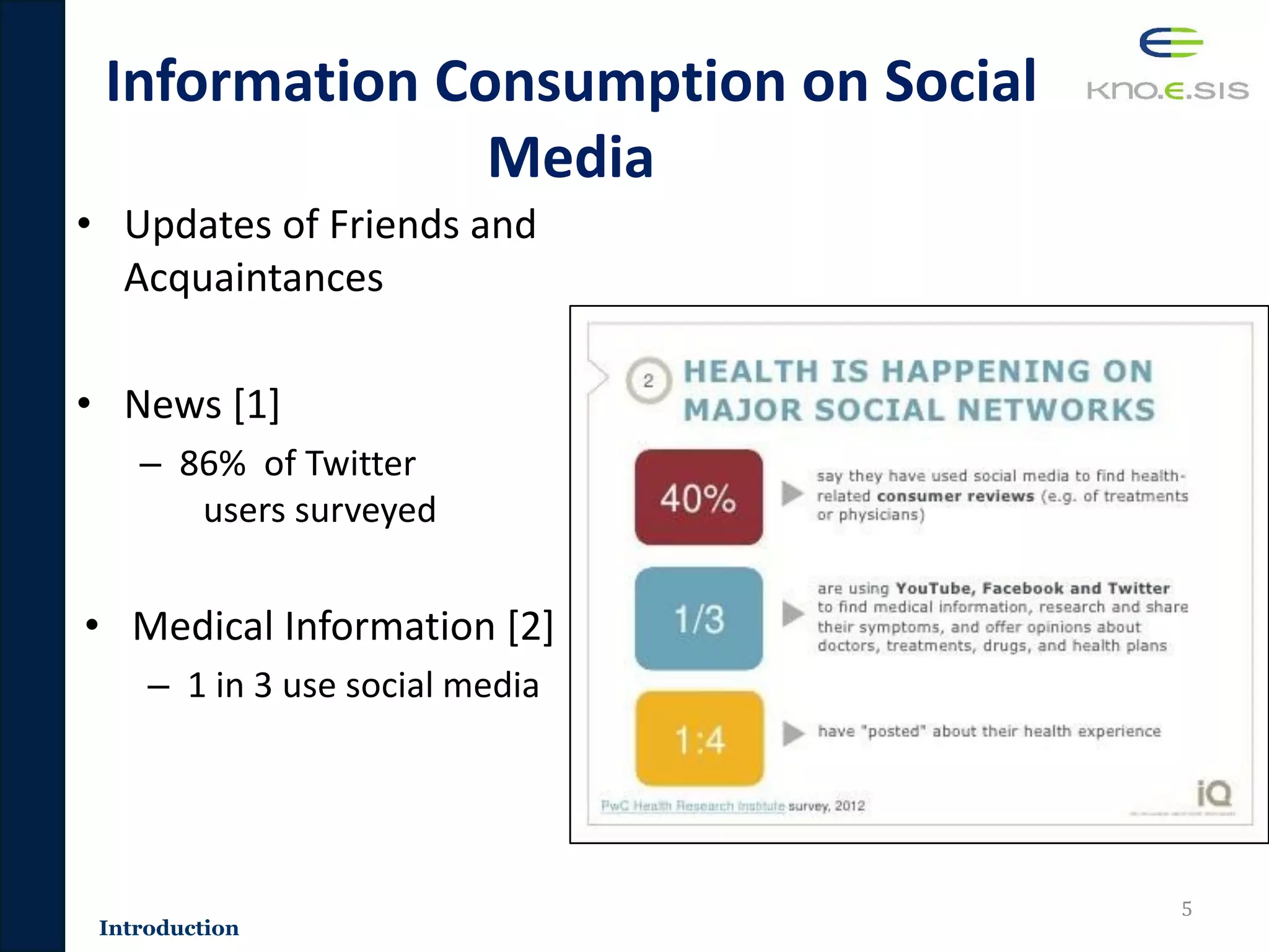 Information Consumption on Social
Media
• Updates of Friends and
Acquaintances
• News [1]
– 86% of Twitter
users surveyed
• Medical Information [2]
– 1 in 3 use social media
5
Introduction
 