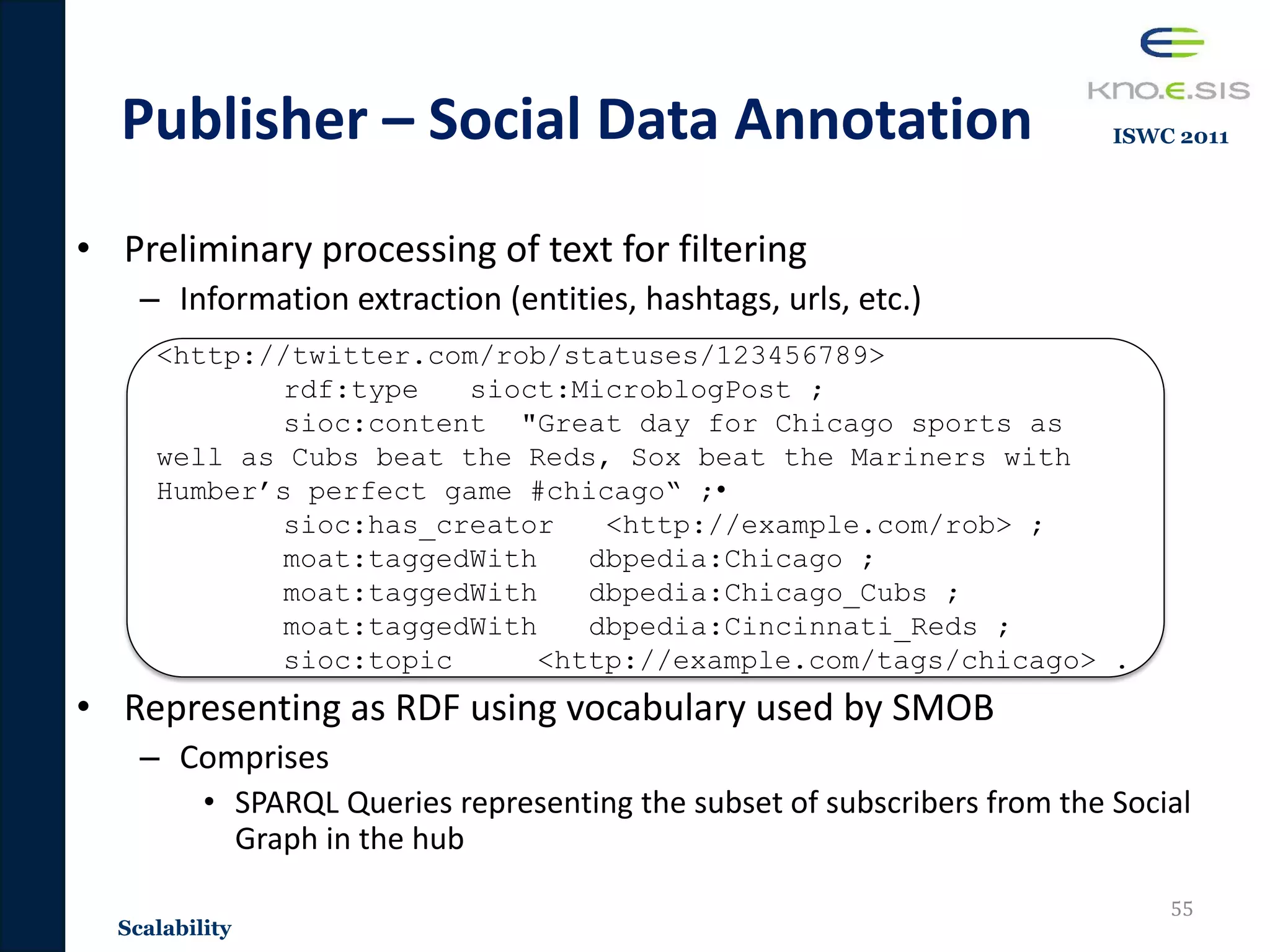 Publisher – Social Data Annotation
• Preliminary processing of text for filtering
– Information extraction (entities, hashtags, urls, etc.)
• Representing as RDF using vocabulary used by SMOB
– Comprises
• SPARQL Queries representing the subset of subscribers from the Social
Graph in the hub
55
Scalability
<http://twitter.com/rob/statuses/123456789>
rdf:type sioct:MicroblogPost ;
sioc:content "Great day for Chicago sports as
well as Cubs beat the Reds, Sox beat the Mariners with
Humber’s perfect game #chicago“ ;•
sioc:has_creator <http://example.com/rob> ;
moat:taggedWith dbpedia:Chicago ;
moat:taggedWith dbpedia:Chicago_Cubs ;
moat:taggedWith dbpedia:Cincinnati_Reds ;
sioc:topic <http://example.com/tags/chicago> .
ISWC 2011
 