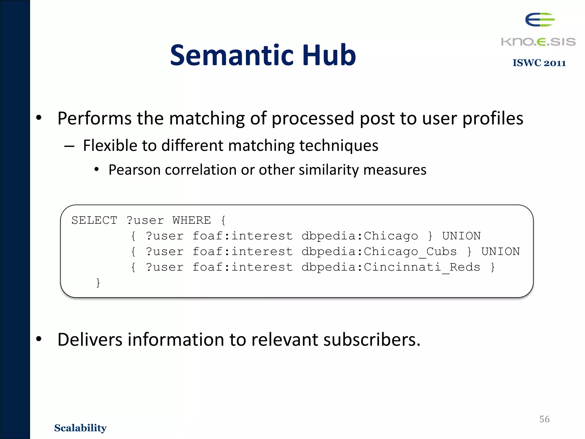 Semantic Hub
• Performs the matching of processed post to user profiles
– Flexible to different matching techniques
• Pearson correlation or other similarity measures
• Delivers information to relevant subscribers.
56
Scalability
SELECT ?user WHERE {
{ ?user foaf:interest dbpedia:Chicago } UNION
{ ?user foaf:interest dbpedia:Chicago_Cubs } UNION
{ ?user foaf:interest dbpedia:Cincinnati_Reds }
}
ISWC 2011
 