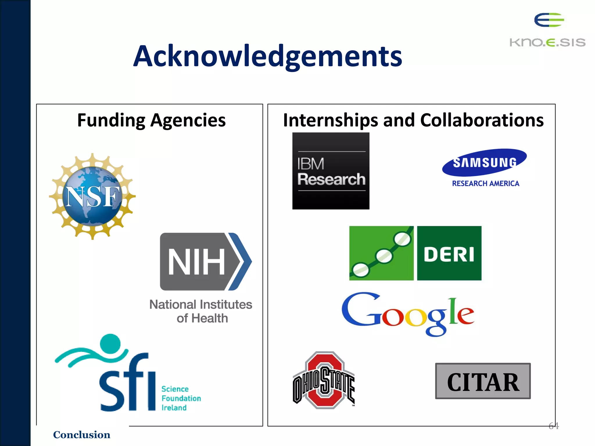 Acknowledgements
64
Funding Agencies Internships and Collaborations
CITAR
Conclusion
 
