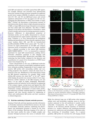 Chem. Soc. Rev. This journal is c The Royal Society of Chemistry 2010
(red) QD and reduction of smaller (green-blue) QD signals.
For example, Ghazani and coworkers have demonstrated
three-color staining of lung carcinoma xenografts for epidermal
growth factor receptor (EGFR), E-cadherin, and cytokeratin
with 655, 605, and 565 nm QD-based assays and noticed
signiﬁcant enhancement of 655 nm signal over 565 nm one,
attributing this phenomenon to FRET from smaller to larger
QDs.89
Further, the discordance in ﬂuorescence intensity of
individual probes directly relates to light absorption properties
of QDs, as larger QDs possess larger absorption cross-sections
and thus collect light more eﬃciently. The eﬀect of FRET
depends on the density and distribution of biomarkers, which
is hard to predict and account for during quantitative analysis.
However, diﬀerences in photo-physical properties of
individual probes can be readily characterized in advance
and incorporated into signal analysis algorithms. In a recent
study, Yezhelyev et al. have demonstrated the multiplexed
labeling and quantiﬁcation of three clinically signiﬁcant breast
cancer markers—Her2, ER, and PR—on formalin-ﬁxed
paraﬃn-embedded (FFPE) breast cancer cells.32
In order to
account for signal enhancement of red QDs and compare
expression levels of biomarkers within one sample, acquired
data is adjusted according to the relative QD intensities
(QD655:QD605:QD565 = 8 : 4 : 1 as measured in a separate
experiment for equal QD concentrations), yielding relative
biomarker abundance consistent to that obtained with
conventional techniques (IHC, Western blot, and FISH). This
technology has been further validated by the detection and
quantiﬁcation of a panel of ﬁve biomarkers on FFPE breast
cancer tissue biopsies (Fig. 7).
Future advancements in the area of QD-based molecular
pathology will be centered around highly multiplexed quanti-
tative molecular proﬁling. Engineering of more compact and
sensitive QD probes with outstanding stability and non-
fouling properties will, therefore, remain the major focus of
research in this area. Modiﬁcation of the band gap by tuning
the QD chemical composition, for example, might enable
shifting QD emission into deep blue90
or far red30
region,
while keeping the particle size constant within 4–6 nm range.
However, further reduction of the QD inorganic core size
below 3–4 nm might be highly challenging. Meanwhile,
signiﬁcant probe size reduction can be achieved via engineering
of the compact organic coating layers and ligands that oﬀer
great design ﬂexibility. Substitution of thick shells with thinner
zwitterionic coatings, development of mono-valent probes,
and utilization of smaller targeting ligands (e.g. peptides and
aptamers) will, thus, become essential for engineering of
robust and stoichiometric QD probes and their translation
to clinical diagnostics.
3.2 Real-time monitoring of dynamic molecular processes
Staining of ﬁxed cells and tissue specimens provides information
on biomarker expression and distribution; however, the study
of intracellular molecular pathways underlying the physio-
logical and pathological processes is limited by the static
nature of this technique. Real-time imaging of live cells, on
the other hand, enables the study of highly complex and
dynamic biological processes that occur at molecular level.
While the relatively large size of QD probes often hampers
cellular entry and intracellular targeting, access to the bio-
markers expressed on the cell membrane is usually readily
achievable. Consequently, the majority of applications
reported in the literature describe dynamics of membrane
proteins (e.g. receptor diﬀusion) and membrane-associated
processes (e.g. endocytosis and intracellular traﬃcking) rather
than monitoring of intracellular targets. As a general
guideline, QD probes for real-time live cell imaging should
Fig. 7 Multiplexed labeling of breast cancer tissue biopsies. Normal-
ization of the ﬂuorescence according to relative QD intensities is
required for accurate quantitative analysis of biomarker expression.
Reproduced with permission from ref. 32. Copyright 2007 Wiley-VCH
Verlag GmbH & Co. KGaA.
DownloadedbyUNIVERSITYOFWASHINGTONon22August2010
Publishedon09August2010onhttp://pubs.rsc.org|doi:10.1039/B915139G
View Online
 