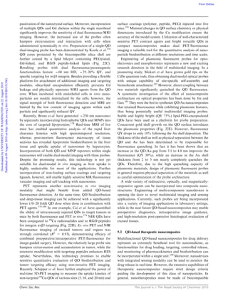 Chem. Soc. Rev. This journal is c The Royal Society of Chemistry 2010
passivation of the nanocrystal surface. Moreover, incorporation
of multiple QDs and Gd chelates within the single nanobead
signiﬁcantly improves the sensitivity of dual ﬂuorescence/MRI
imaging. However, the increased size of the probes often
hampers extravasation and interaction with cells when
administered systemically in vivo. Preparation of a single-QD
dual-imaging probe has been demonstrated by Koole et al.176
QD cores protected by the biocompatible silica shell are
further coated by a lipid bilayer containing PEGylated,
Gd-linked, and RGD peptide-linked lipids (Fig. 22C).
Resulting probes with dual ﬂuorescence/paramagnetic
functionalities feature B60 nm HD, B25–30% QY, and
speciﬁc targeting for avb3 integrin. Besides providing a ﬂexible
platform for attachment of additional imaging and targeting
modules, silica-lipid encapsulation eﬃciently prevents Cd
leakage and physically separates MRI agents from the QD
core. When incubated with endothelial cells in vitro nano-
particles are readily internalized by the cells; however, the
signal strength of both ﬂuorescence detection and MRI are
limited by the low content of imaging agents within each
particle and signiﬁcantly reduced QY.
Recently, Bruns et al. have generated B250 nm nanosomes
by separately incorporating hydrophobic QDs and MNPs into
the core of targeted lipoproteins.178
Real-time MRI of live
mice has enabled quantitative analysis of the rapid liver
clearance kinetics with high spatiotemporal resolution,
whereas post-mortem ﬂuorescence microscopy of tissue
sections has revealed lipoprotein biodistribution in the liver
tissue and speciﬁc uptake of nanosomes by hepatocytes.
Incorporation of both QD and MNP reporters within single
nanosomes will enable dual-modal imaging with these probes.
Despite the promising results, this technology is not yet
suitable for dual-modal in vivo imaging as liver uptake is
highly undesirable for most of the applications. Further
incorporation of non-fouling surface coatings and targeting
ligands, however, will enable highly sensitive MR/ﬂuorescence
vascular imaging and cell tracking with nanosomes.
PET represents another non-invasive in vivo imaging
modality that might beneﬁt from added QD-based
ﬂuorescence detection. At the same time, QD biodistribution
and deep-tissue imaging can be achieved with a signiﬁcantly
lower (10–20 fold) QD dose when done in combination with
PET agents.179,180
In one example, Cai et al. have quantiﬁed
the ability of intravenously injected QDs to target tumors in
mice by both ﬂuorescence and PET in vivo.179
NIR QDs have
been conjugated to 64
Cu radionuclides and to RGD peptides
for integrin avb3 targeting (Fig. 22D). Ex vivo PET and NIR
ﬂuorescence imaging of excised tumors and organs was
strongly correlated (R2
= 0.93), demonstrating eﬃcacy of
combined preoperative/intraoperative PET/ﬂuorescence for
image-guided surgery. However, the relatively large probe size
hampers extravasation and accumulation in tumor, while the
extensive modiﬁcation with targeting peptides enhances RES
uptake. Nevertheless, this technology promises to enable
sensitive quantitative evaluation of QD biodistribution and
tumor targeting eﬃcacy using non-invasive PET imaging.
Recently, Schipper et al. have further employed the power of
real-time 3D-PET imaging to measure the uptake kinetics of
non-targeted 64
Cu-QDs of various sizes (5, 10, and 20 nm) and
surface coatings (polymer, peptide, PEG) injected into live
mice.181
Minimal changes in QD surface chemistry or physical
dimensions introduced by the Cu modiﬁcation ensure the
accuracy of the model system. Utilization of well-characterized
sensitive PET contrast agents and bright versatile QDs in
compact nanocomposites makes dual PET/ﬂuorescence
imaging a valuable tool for the quantitative analysis of nano-
particle biodistribution at diﬀerent resolutions and time scales.
Engineering of plasmonic ﬂuorescent probes for opto-
electronics and nanophotonics represents a new and exciting
research direction in the ﬁeld of multimodal imaging. In a
pioneering study, Mokari et al. have grown gold tips on the
CdSe quantum rods, thus obtaining dual-modal optical probes
with unique capability of site-speciﬁc self-assembly and
biomolecule attachment.182
However, direct coupling between
two materials signiﬁcantly quenched the QD ﬂuorescence.
A systematic investigation of the eﬀect of nanocomposite
architecture on optical properties has been done by Jin and
Gao.183
They were the ﬁrst to synthesize QD-Au nanocomposites
that retained ﬂuorescence while exhibiting plasmonic features,
thus being potentially useful multimodal imaging probes.
Stable and highly bright (QY 75%) lipid-PEG-encapsulated
QDs have been used as a platform for probe preparation.
Concurrent gold shell growth on the QD surface introduces
the plasmonic properties (Fig. 22E). However, ﬂuorescence
QY drops to only 18% following the Au shell deposition. The
thickness of the shell as well as physical separation between the
QD and Au has been determined to be responsible for
ﬂuorescence quenching. In fact it has been shown that an
increase in the QD-Au gap from 3.1 to 4.8 nm improves the
ﬂuorescence (QY 39%), while an increase in the Au shell
thickness from 2 to 5 nm nearly completely quenches the
QDs. Therefore, due to the high quenching capacity of
plasmonic materials, design of plasmonic ﬂuorescent probes
in general requires physical separation of the materials as well
as careful optimization of the probe architecture.
A wide variety of radioactive, optically, and magnetically-
responsive agents can be incorporated into composite nano-
structures. Engineering of multi-component nanodevices is
opening the door to novel multimodal imaging and sensing
applications. Currently, such probes are being incorporated
into a variety of imaging applications in laboratory settings,
while in the near future QD-based nanocomposites may enable
preoperative diagnostics, intraoperative image guidance,
and high-resolution post-operative histological evaluation of
excised tissues.
5.2 QD-based therapeutic nanocomposites
Multifunctional QD-based nanocomposites for drug delivery
represent an extremely beneﬁcial tool for nanomedicine, as
functionalities for drug loading, targeting, controlled release,
and monitoring of pharmacokinetics and biodistribution can
be incorporated within a single unit.184
Moreover, nanodevices
with integrated sensing modality can be used to monitor the
drug release in real time. However, the extensive capabilities of
therapeutic nanocomposites require strict design criteria
guiding the development of this class of nanoparticles. In
general, nanotherapeutics must be made of biocompatible
DownloadedbyUNIVERSITYOFWASHINGTONon22August2010
Publishedon09August2010onhttp://pubs.rsc.org|doi:10.1039/B915139G
View Online
 