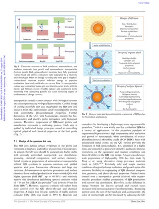 This journal is c The Royal Society of Chemistry 2010 Chem. Soc. Rev.
nanoparticles usually cannot interact with biological systems
and do not possess any biological functionality. Careful design
of coating materials that can encapsulate the QD core and
shield it from the environment yields biocompatible probes
with controllable physicochemical properties. Further
decoration of the QDs with biomolecules imparts the bio-
functionality and enables probe interaction with biological
systems. Therefore, preparation of QD-based probes and
nanodevices represents a multi-step process. Each step is
guided by individual design principles aimed at controlling
optical, physical and chemical properties of the ﬁnal probe
(Fig. 2).
2.1 Design of the quantum dot core
The QD core deﬁnes optical properties of the probe and
represents a structural scaﬀold for engineering of nanodevices.
In general, the QD core should be compact and highly stable
with precisely controlled nanoparticle size distribution,
geometry, chemical composition, and surface chemistry.
Initial reports on preparation of semiconductor nanoparticles
utilized QD synthesis in aqueous solutions and yielded
particles with poor ﬂuorescence eﬃciencies and large size
variation. Advancements in synthetic procedures and surface
chemistry have enabled production of water-soluble QDs with
higher quantum yield (QY, up to 40–50%) and relatively
narrow size distribution (exhibiting spectral emission width
of B50 nm for CdTe/CdSe particles16
and down to 19 nm for
ZnSe QDs17
). However, aqueous synthesis still suﬀers from
poor control over the QD photo-physical and chemical
properties. A major leap towards synthesis of highly uniform
colloidal CdSe QDs was made in 1993 by Bawendi and
coworkers by developing a high-temperature organometallic
procedure,18
which is now widely used for synthesis of QDs for
a variety of applications. In this procedure pyrolysis of
organometallic precursors at high temperature yields nucleation
and growth of nanocrystals, while coordination of trioctyl
phosphine/trioctyl phosphine oxide (TOP/TOPO) base with
unsaturated metal atoms on the QD surface prevents the
formation of bulk semiconductor. Yet, utilization of a highly
toxic and unstable Cd precursor (dimethyl cadmium) imposes
restrictions on the equipment and reaction conditions and
limits ﬂexibility in the QD core design. A leap towards large-
scale preparation of high-quality QDs has been made by
Peng et al. using alternative cheap precursor materials
(such as CdO).19,20
Relatively mild and simple reaction
conditions along with slower nucleation and growth rates oﬀer
extensive ﬂexibility in engineering of QD chemical composi-
tion, geometry, and photo-physical properties. Precise kinetic
control over a nanoparticle growth achieved with organo-
metallic procedure enables preparation of QD populations
with narrow size distribution. Therefore, as the diﬀerence in
energy between the discrete ground and excited states
increases with increasing degree of conﬁnement (i.e. decreasing
particle size), the size of the band gap and, consequently, the
color of emitted light can be ﬁne-tuned by adjusting the QD
Fig. 1 Electronic structure of bulk conductor, semiconductor, and
insulator materials (top panel) and semiconductor nanoparticles
(bottom panel). Bulk semiconductor materials have fully populated
valence band and empty conduction band separated by a relatively
small band gap. When an energy exceeding the band gap is supplied,
valence-band electrons acquire suﬃcient energy to populate
conduction band and enable electric current ﬂow. In nanoparticles,
valence and conduction bands split into discrete energy levels, with the
energy gap between closest possible valence and conduction levels
increasing with decreasing particle size (and increasing degree of
conﬁnement of charge carriers).
Fig. 2 General steps and design criteria in engineering of QD probes
for biomedical applications.
DownloadedbyUNIVERSITYOFWASHINGTONon22August2010
Publishedon09August2010onhttp://pubs.rsc.org|doi:10.1039/B915139G
View Online
 