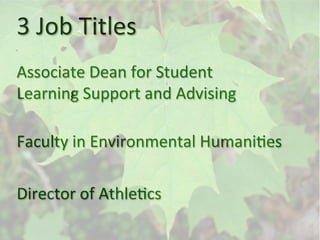 Faculty	in	Environmental	Humani=es	
Associate	Dean	for	Student		
Learning	Support	and	Advising		
Director	of	Athle=cs
3	Job	Titles	
 