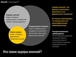 Лидеры мнений - это
                                                функция страстности
                                                увлечения, а не
 Лидеры мнений                                  формального положения
 Люди, которые
 пересылают интересный                          Их нельзя сгруппировать
 контент своим друзьям                          по социальным или
                                                демографическим
                         Поддающиеся влиянию    характеристикам
                         Люди, которые легко
                         поддаются влиянию и
     Сверх-лидеры
                         рассылают друг другу
     Люди, которые
                         различный контент
     формируют
     тенденции рынка




Кто такие лидеры мнений?
 