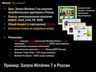 Целевой контент
• Цель: Запуск Windows 7 на широкую                             Реклама / Advertorial
  потребительскую аудиторию в России                            Спецпроекты
                                                                Соц.сообщества
• Подход: интегрированная кампания
  (digital, retail, print, PR, OOH)
• Общий бюджет (с партнерами): $8 млн
• Основная ставка на цифровые медиа

• Результаты:
    •   882M показов / 6.2M посетителей Windows Online / 2.4М
        переходов / 1.1М конечных действий (460% выше средних
        показателей по прошлым кампаниям)
    •   Цена конечного действия = $0.30 (Рекорд MSFT Россия)
    •   Windows 7 Value Prop: +15% выше плановых
    •   Windows PC Attach: +250% выше плановых



Пример: Запуск Windows 7 в России
 