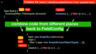 Problem #4: import { makeExecutableSchema } from ‘graphql-tools';75
type Query {
invoices(ﬁlter: FilterInput): [Invoice]  
}
 
invoices: (_, { ﬁlter }) => { … } 
{  
type: new GraphQLList(Invoice),  
args: {  
ﬁlter: { type: new GraphQLInputObjectType({ … })},  
},  
resolve: (_, { ﬁlter }) => { … },  
}
combine code from diﬀerent places 
back to FieldConﬁg
type args resolve
type
args
resolve
 