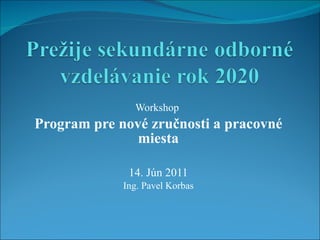 Workshop  Program pre nové zručnosti a pracovné miesta 14. Jún 2011 Ing. Pavel Korbas 