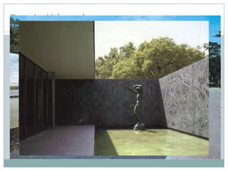 Descripció formal
 El Pavelló alemany s’aixeca sobre un podi de travertí, al qual

s’accedeix per una petita escala de vuit graons tangencial al pla,
que també permet l’accés a una piscina de planta rectangular
situada a la part esquerra de la plataforma. Darrere d’aquest
estany artificial, hi ha la zona de serveis –despatxos i lavabo-,
integrats al conjunt mitjançant un mur de travertí recorregut
en part per un banc del mateix material, que s’uneix a la
coberta de la construcció principal. Aquesta, totalment plana i
horitzontal, s'estén en voladís respecte de l’estructura inferior
de suport a l’extrem esquerre, i deixa al descobert el cantó
contrari, on s’ubica un petit pati rectangular tancat. En aquest
pati, sobre un segon estany més petit, una escultura femenina
de bronze de Georg Kolle.

 