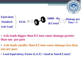 Equivalent
Standard ESAL
Axle Load
18000 - Ibs
(8.2 tons)
Damage per
Pass = 1
• Axle loads bigger than 8.2 tons cause damage greater
than one per pass
• Axle loads smaller than 8.2 tons cause damage less than
one per pass
• Load Equivalency Factor (L.E.F) = (load in Tons/8.2 tons)4
 
