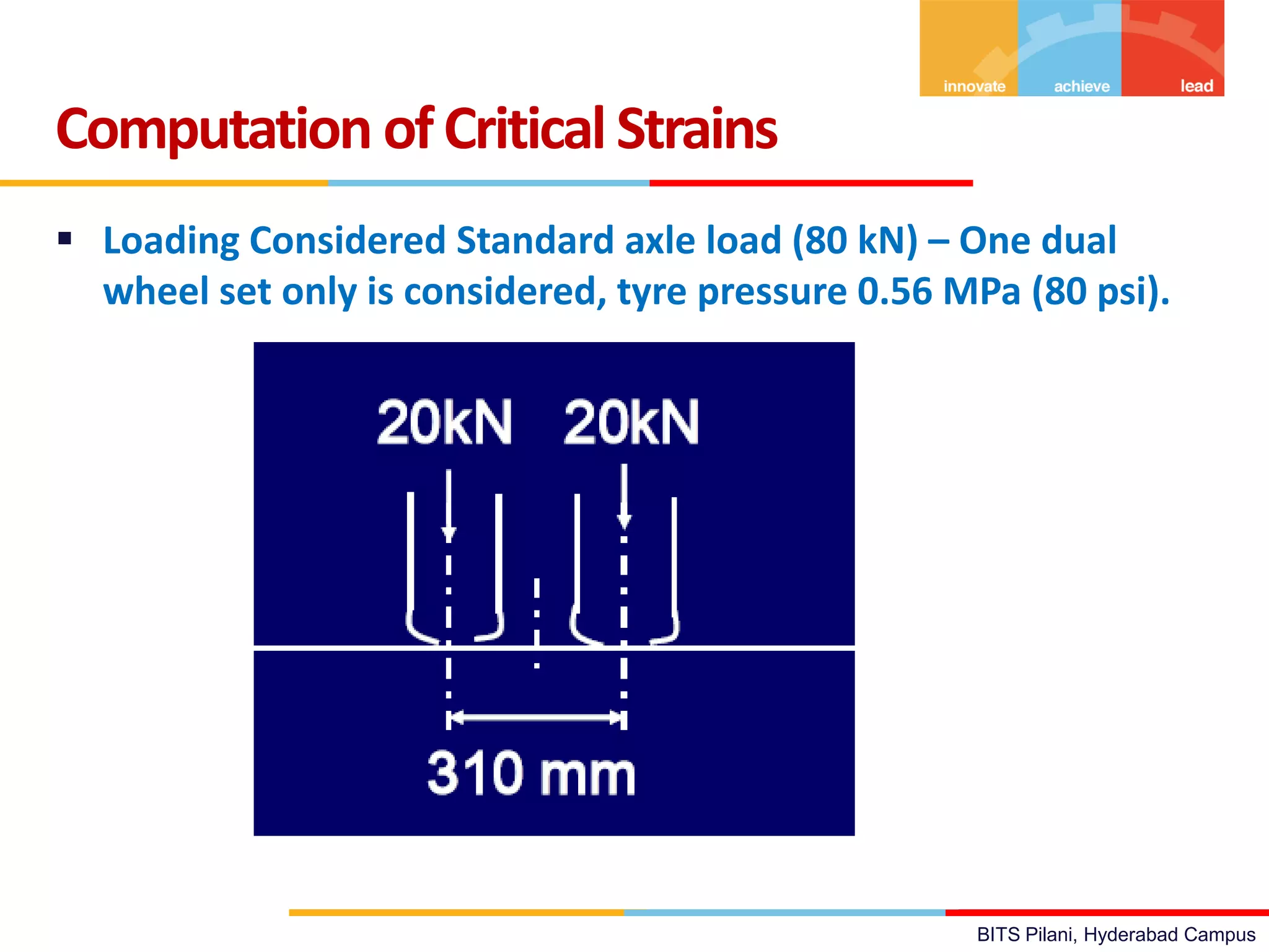BITS Pilani, Hyderabad Campus
 Loading Considered Standard axle load (80 kN) – One dual
wheel set only is considered, tyre pressure 0.56 MPa (80 psi).
Computation ofCritical Strains
 