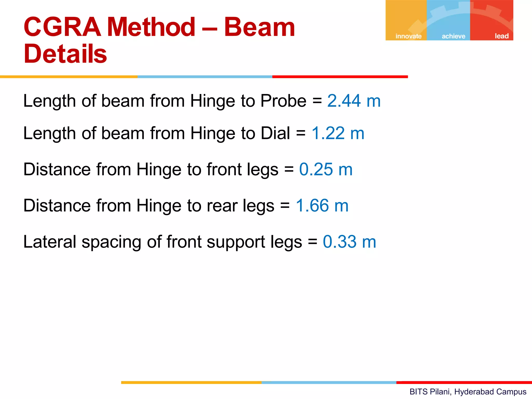 BITS Pilani, Hyderabad Campus
Length of beam from Hinge to Probe = 2.44 m
Length of beam from Hinge to Dial = 1.22 m
Distance from Hinge to front legs = 0.25 m
Distance from Hinge to rear legs = 1.66 m
Lateral spacing of front support legs = 0.33 m
CGRA Method – Beam
Details
 