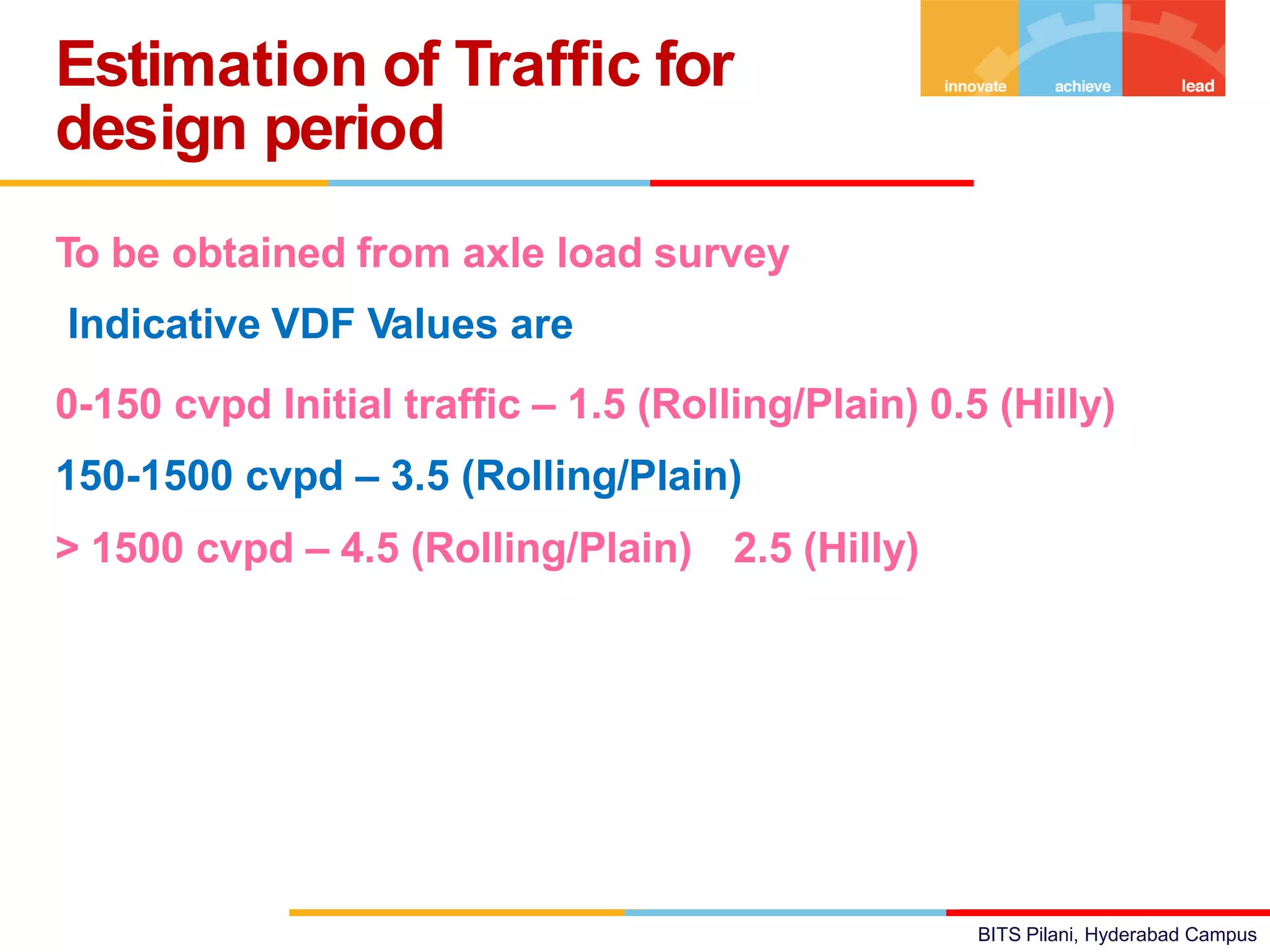 BITS Pilani, Hyderabad Campus
To be obtained from axle load survey
Indicative VDF Values are
0-150 cvpd Initial traffic – 1.5 (Rolling/Plain) 0.5 (Hilly)
150-1500 cvpd – 3.5 (Rolling/Plain) 1.5 (Hilly)
> 1500 cvpd – 4.5 (Rolling/Plain) 2.5 (Hilly)
Estimation of Traffic for
design period
 