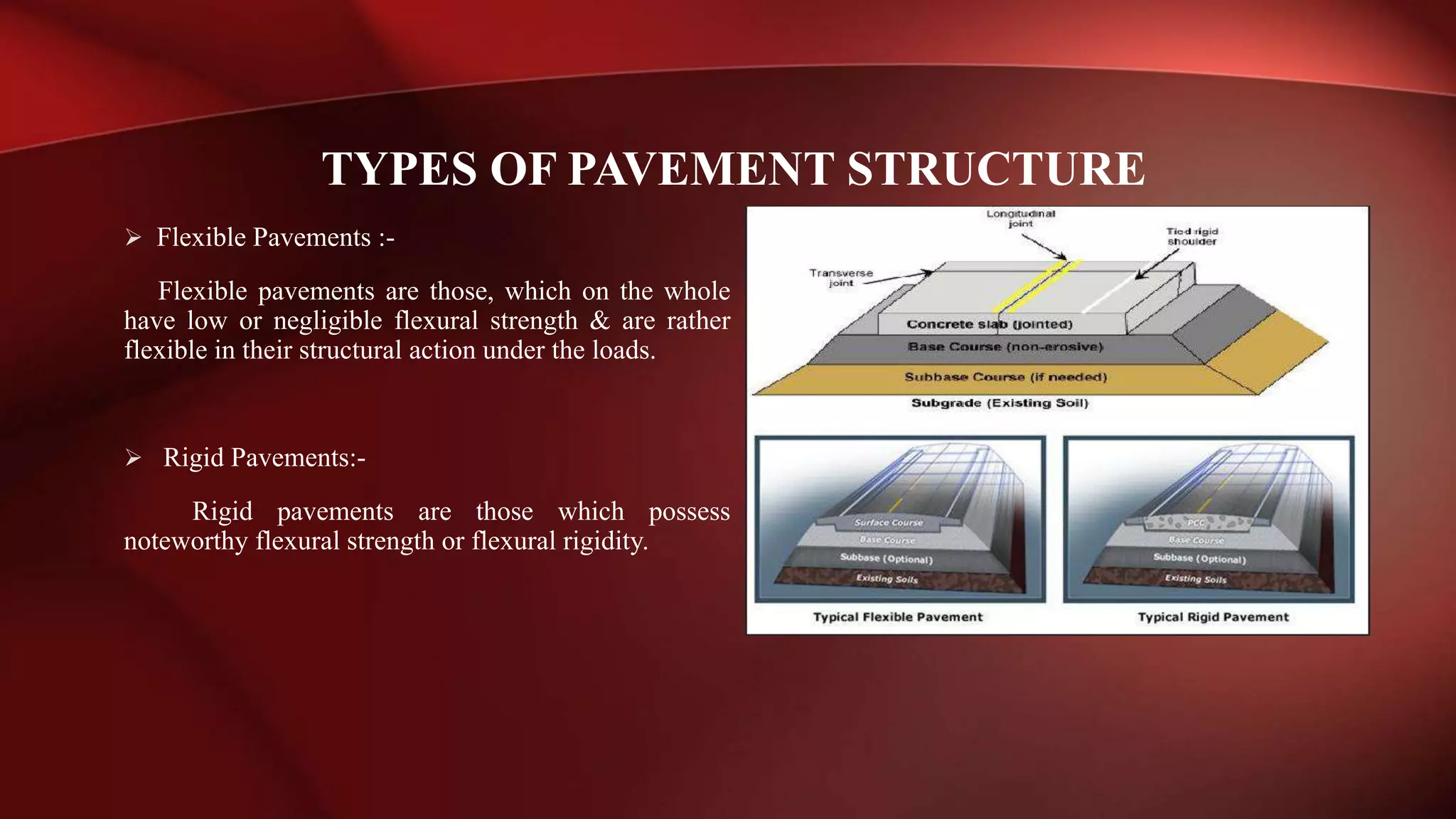  Flexible Pavements :-
Flexible pavements are those, which on the whole
have low or negligible flexural strength & are rather
flexible in their structural action under the loads.
 Rigid Pavements:-
Rigid pavements are those which possess
noteworthy flexural strength or flexural rigidity.
TYPES OF PAVEMENT STRUCTURE
 
