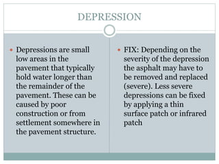 DEPRESSION
 Depressions are small
low areas in the
pavement that typically
hold water longer than
the remainder of the
pavement. These can be
caused by poor
construction or from
settlement somewhere in
the pavement structure.
 FIX: Depending on the
severity of the depression
the asphalt may have to
be removed and replaced
(severe). Less severe
depressions can be fixed
by applying a thin
surface patch or infrared
patch
 
