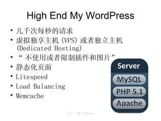 High End My WordPress 几千次每秒的请求 虚拟独享主机 (VPS) 或者独立主机 (Dedicated Hosting) “ 不使用或者限制插件和图片” 静态化页面 Litespeed Load Balancing Memcache 