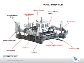 31
G&Z S600 Back View
PAVING DIRECTION
Hi Pressure Water
System
Access Ladder
Front Telescopic
Walkway
Final Finisher (FF)
Universal Bolting
Pattern
Rear Walkway
Paving Kit
Trailing Finishing Pan (TFP)
Operator Console
Sensor Support Arms
Sideforms
(c) 2021 Guntert & Zimmerman
 