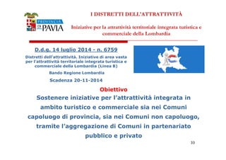 I DISTRETTI DELL'ATTRATTIVITÀ 
Iniziative per la attrattività territoriale integrata turistica e 
commerciale della Lombardia 
D.d.g. 14 luglio 2014 - n. 6759 
Distretti dell’attrattività. Iniziative di area vasta 
per l’attrattività territoriale integrata turistica e 
commerciale della Lombardia (Linea B) 
Bando Regione Lombardia 
Scadenza 20-11-2014 
333333 
Obiettivo 
Sostenere iniziative per l’attrattività integrata in 
ambito turistico e commerciale sia nei Comuni 
capoluogo di provincia, sia nei Comuni non capoluogo, 
tramite l’aggregazione di Comuni in partenariato 
pubblico e privato 
 