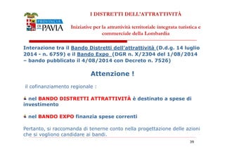 I DISTRETTI DELL'ATTRATTIVITÀ 
Iniziative per la attrattività territoriale integrata turistica e 
commerciale della Lombardia 
Interazione tra il Bando Distretti dell’attrattività (D.d.g. 14 luglio 
2014 - n. 6759) e il Bando Expo (DGR n. X/2304 del 1/08/2014 
– bando pubblicato il 4/08/2014 con Decreto n. 7526) 
Attenzione ! 
3399 
il cofinanziamento regionale : 
nel BANDO DISTRETTI ATTRATTIVITÀ è destinato a spese di 
investimento 
nel BANDO EXPO finanzia spese correnti 
Pertanto, si raccomanda di tenerne conto nella progettazione delle azioni 
che si vogliono candidare ai bandi. 
 