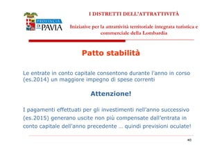 I DISTRETTI DELL'ATTRATTIVITÀ 
Iniziative per la attrattività territoriale integrata turistica e 
commerciale della Lombardia 
Patto stabilità 
Le entrate in conto capitale consentono durante l’anno in corso 
(es.2014) un maggiore impegno di spese correnti 
4400 
Attenzione! 
I pagamenti effettuati per gli investimenti nell’anno successivo 
(es.2015) generano uscite non più compensate dall’entrata in 
conto capitale dell’anno precedente … quindi previsioni oculate! 
 