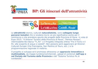 BP: Gli itinerari dell’attrattività 
Le attrattività storico, culturali naturalistiche, sono collegate lungo 
percorsi tematici che si snodano tra le vie più significative anche per il 
commercio e che prendono spunto dai progetti della Provincia di Pavia in vista di 
Expo 2015: “4 Itinerari Turistici della Provincia di Pavia”, “Paniere Pavese”, 
intermodalità Bici-Barca “Ti_Po” e il Progetto Integrato d’Area “Fra il Ticino e il 
Po: alla scoperta di acque e castelli”. Ben possono però agganciare gli Itinerari 
Culturali Europei (Via Francigena, San Martino di Tours, ecc..) e la 
programmazione regionale in materia. 
Il progetto si sviluppa ed è promosso attraverso un approccio innovativo e 
multimediale, da mappe turistico/commerciali, upload di contenuti nell’app e 
nel Portale del Turismo della Provincia e del “Sistema Turistico Po di 
Lombardia”. 
4444 
 