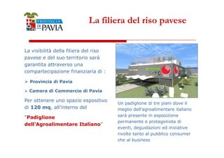 La visibilità della filiera del riso 
pavese e del suo territorio sarà 
garantita attraverso una 
compartecipazione finanziaria di : 
 Provincia di Pavia 
La filiera del riso pavese 
6 
 Camera di Commercio di Pavia 
Per ottenere uno spazio espositivo 
di 120 mq, all’interno del 
“Padiglione 
dell’Agroalimentare Italiano” 
Un padiglione di tre piani dove il 
meglio dell’agroalimentare italiano 
sarà presente in esposizione 
permanente e protagonista di 
eventi, degustazioni ed iniziative 
rivolte tanto al pubblico consumer 
che al business 
 