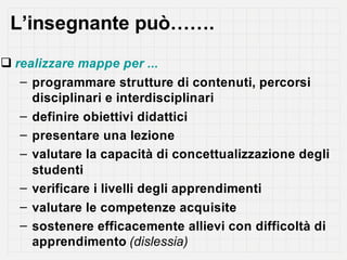 L’insegnante può…….
 realizzare mappe per ...
   – programmare strutture di contenuti, percorsi
     disciplinari e interdisciplinari
   – definire obiettivi didattici
   – presentare una lezione
   – valutare la capacità di concettualizzazione degli
     studenti
   – verificare i livelli degli apprendimenti
   – valutare le competenze acquisite
   – sostenere efficacemente allievi con difficoltà di
     apprendimento (dislessia)
 