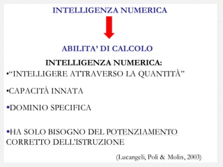 INTELLIGENZA NUMERICA



           ABILITA’ DI CALCOLO
         INTELLIGENZA NUMERICA:
•“INTELLIGERE ATTRAVERSO LA QUANTITÀ”

•CAPACITÀ INNATA

DOMINIO SPECIFICA

HA SOLO BISOGNO DEL POTENZIAMENTO
CORRETTO DELL’ISTRUZIONE
                      (Lucangeli, Poli & Molin, 2003)
 