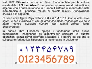 Nel 1202 Fibonacci scrive un testo fondamentale per la cultura
occidentale: il "Liber Abaci", un ponderoso manuale di aritmetica e
algebra, con il quale introduce in Europa il sistema numerico decimale
indo-arabico e i principali metodi di calcolo relativi. L'innovazione
cruciale è la seguente:
Ci sono nove figure degli indiani: 9 8 7 6 5 4 3 2 1. Con queste nove
figure, e con il simbolo 0, che gli arabi chiamano zephiro[da cui poi il
nome "zero"], qualsiasi numero può essere scritto, come
dimostreremo.
In questo libro Fibonacci spiega i fondamenti della nuova
numerazione, insegnando gli algoritmiper calcolare le quattro
operazioni senza dover ricorrere all'abaco; è a partire da qui che si
sviluppano l'aritmetica, l'algebra e la matematica in occidente.




          evoluzione dei simboli adottati per scrivere le varie cifre
 