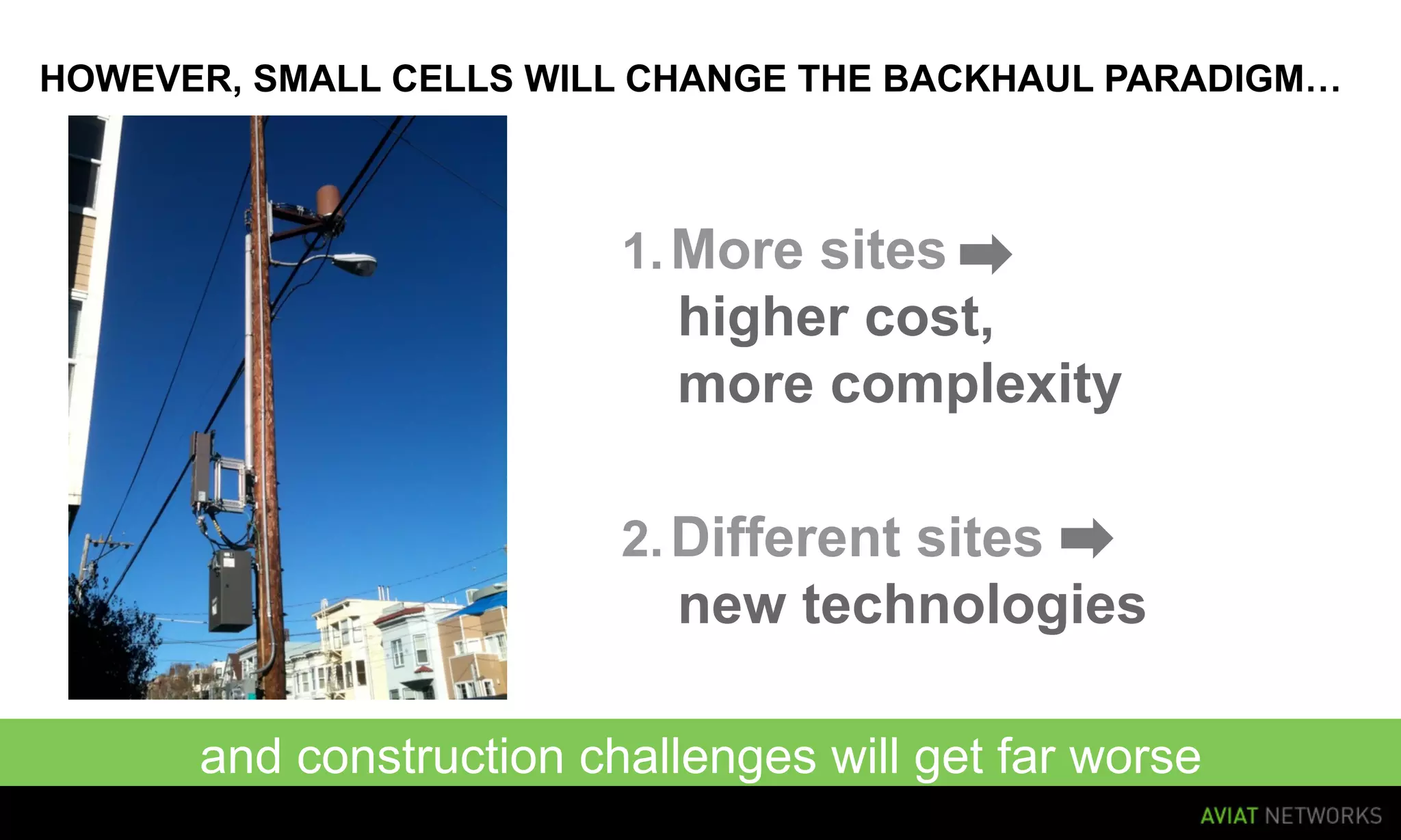 HOWEVER, SMALL CELLS WILL CHANGE THE BACKHAUL PARADIGM…



                                 1.  More sites
                                   higher cost,
                                   more complexity

                                 2.  Different sites
                                   new technologies

              and construction challenges will get far worse
12   AVIAT NETWORKS |
 