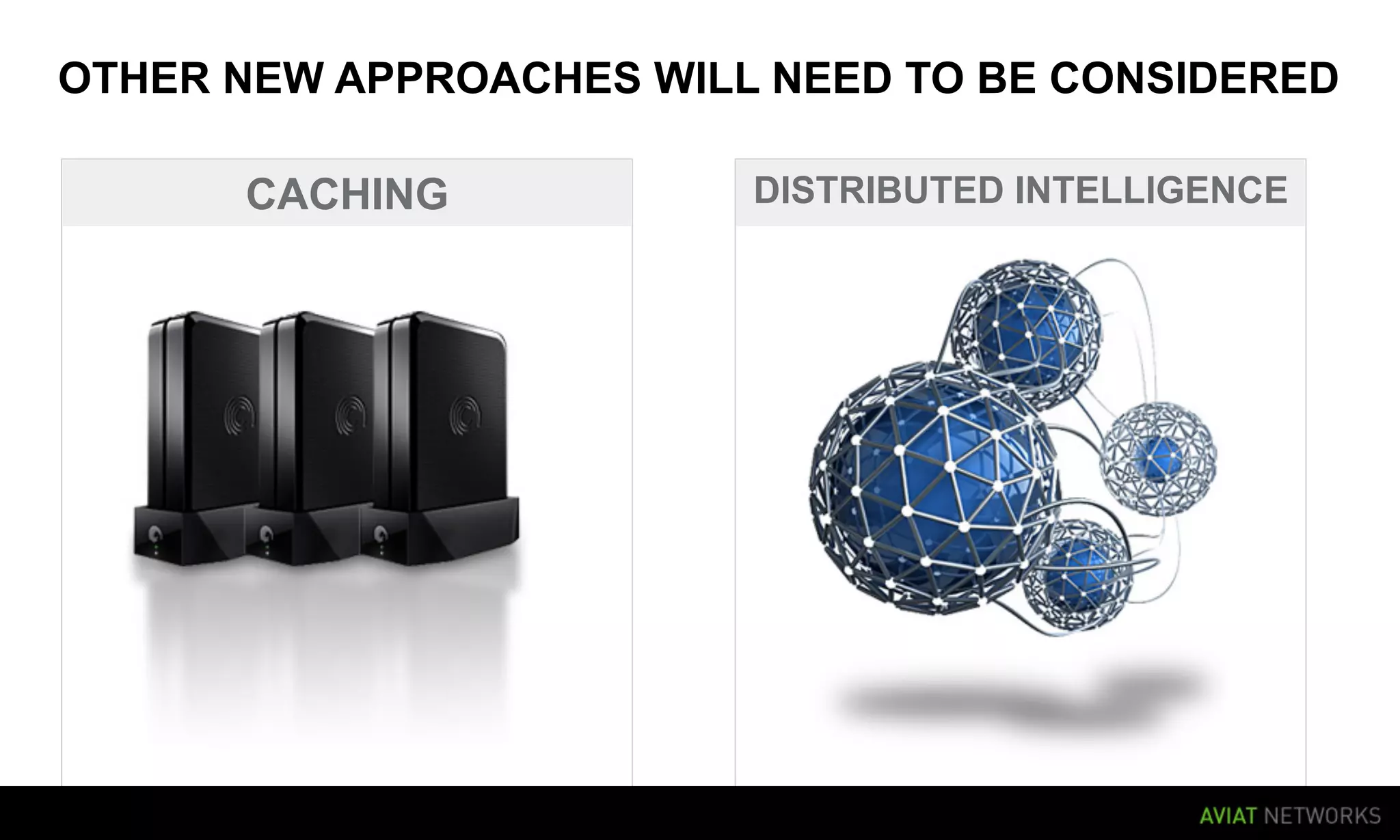 OTHER NEW APPROACHES WILL NEED TO BE CONSIDERED

                   CACHING               DISTRIBUTED INTELLIGENCE




16   AVIAT NETWORKS |   20 AUGUST 2010
 