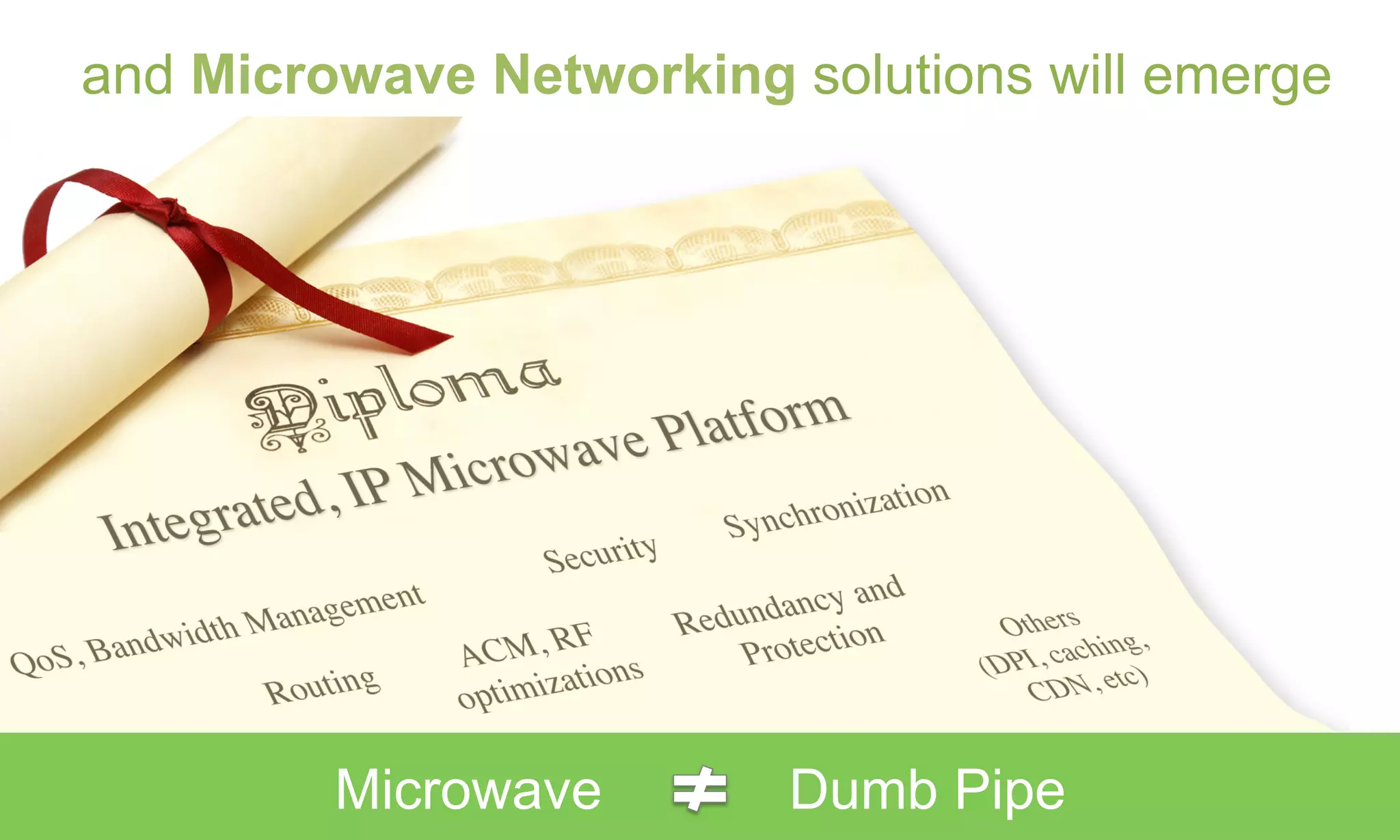 and Microwave Networking solutions will emerge

                                                        Security	
  
                                                                           Redundancy	
  and	
  
                              SynchronizaLon	
  
                                                                             ProtecLon	
  


                                                                                             ACM,	
  RF	
  
                RouLng	
  
                                                                                           opLmizaLons	
  




                                                   Integrated,	
  IP	
                              Others	
  (DPI,	
  
      QoS,	
  Bandwidth	
  
       management	
                                 Microwave	
                                    caching,	
  CDN,	
  
                                                      Pla[orm	
                                         etc)	
  



17    AVIAT NETWORKS |        Microwave                                Dumb Pipe
 