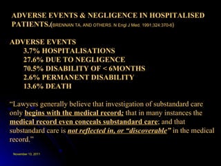 ADVERSE EVENTS & NEGLIGENCE IN HOSPITALISED PATIENTS.( BRENNAN TA, AND OTHERS. N Engl J Med. 1991;324:370-6 ) ADVERSE EVENTS  3.7% HOSPITALISATIONS 27.6% DUE TO NEGLIGENCE 70.5% DISABILITY OF < 6MONTHS 2.6% PERMANENT DISABILITY 13.6% DEATH “ Lawyers generally believe that investigation of substandard care only  begins with the medical record ;   that in many instances the  medical record even conceals substandard care ; and that substandard care is  not reflected in, or “discoverable ”  in the medical record.” 