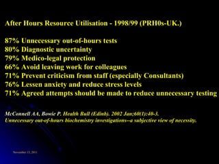 After Hours Resource Utilisation - 1998/99 (PRH0s-UK.) 87% Unnecessary out-of-hours tests  80% Diagnostic uncertainty 79% Medico-legal protection 66% Avoid leaving work for colleagues 71% Prevent criticism from staff (especially Consultants) 76% Lessen anxiety and reduce stress levels 71% Agreed attempts should be made to reduce unnecessary testing McConnell AA ,  Bowie P . Health Bull (Edinb). 2002 Jan;60(1):40-3.  Unnecessary out-of-hours biochemistry investigations--a subjective view of necessity. 