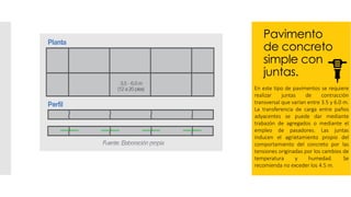 Pavimento
de concreto
simple con
juntas.
En este tipo de pavimentos se requiere
realizar juntas de contracción
transversal que varían entre 3.5 y 6.0 m.
La transferencia de carga entre paños
adyacentes se puede dar mediante
trabazón de agregados o mediante el
empleo de pasadores. Las juntas
inducen el agrietamiento propio del
comportamiento del concreto por las
tensiones originadas por los cambios de
temperatura y humedad. Se
recomienda no exceder los 4.5 m.
 