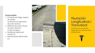 Fisuración
Longitudinal /
Transversal
Son fisuras con orientación
longitudinal o transversal al eje
del pavimento.
Causas posibles:
o Fisuración por fatiga: espesor
de calzada
insuficiente y/o separación
de juntas excesiva.
o Reflexión de juntas o fisuras
de capas inferiores
o losas contiguas.
o Perdida de soporte por
erosión (T).
o Asentamientos diferenciales
(L).
 