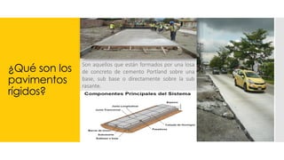 ¿Qué son los
pavimentos
rígidos?
Son aquellos que están formados por una losa
de concreto de cemento Portland sobre una
base, sub base o directamente sobre la sub
rasante.
 